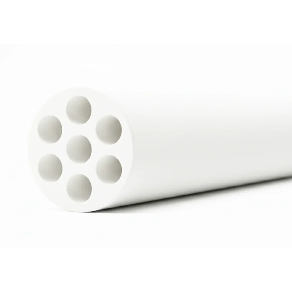 3D view of NPC-M-2507 multichannel ceramic membrane element with tubular  body and internal channels