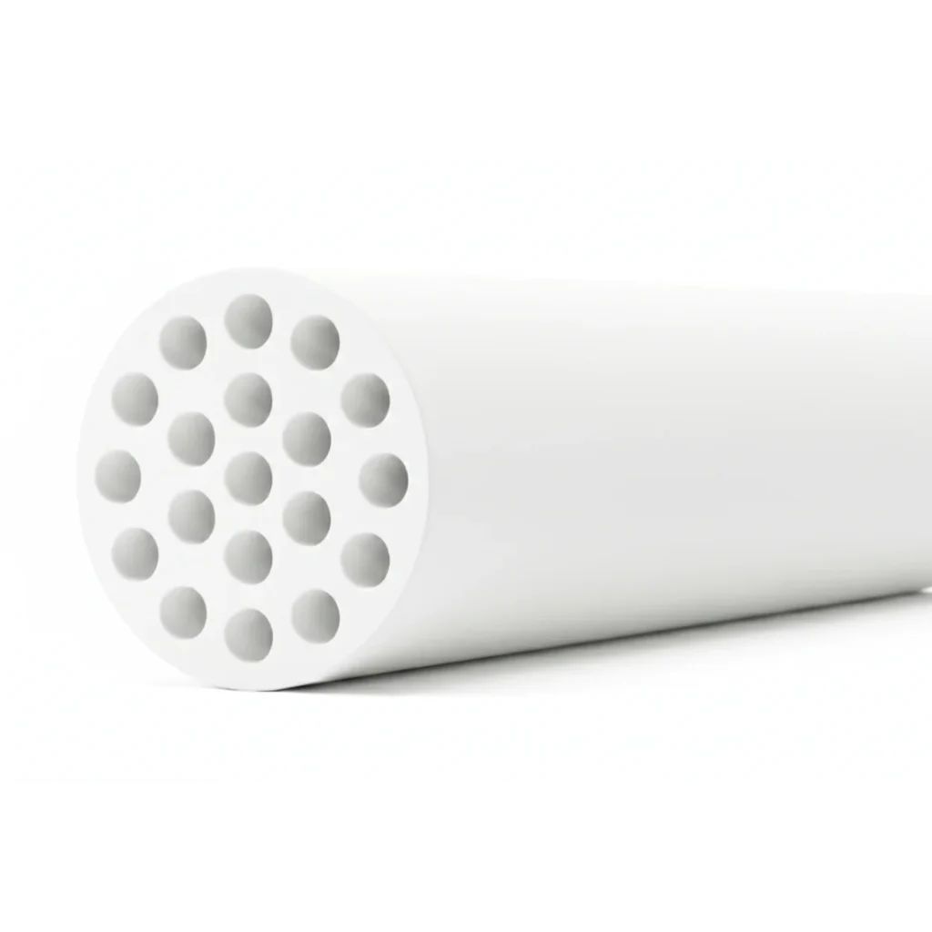 3D view of NPC-M-2519 multichannel ceramic membrane element with tubular  body and internal channels