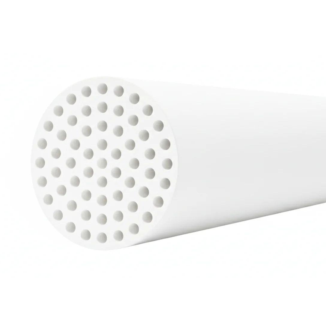 NPC-M-4061-ceramic-membrane-3d-view 3D view of NPC-M-4061 multichannel ceramic membrane element with tubular body and internal channels